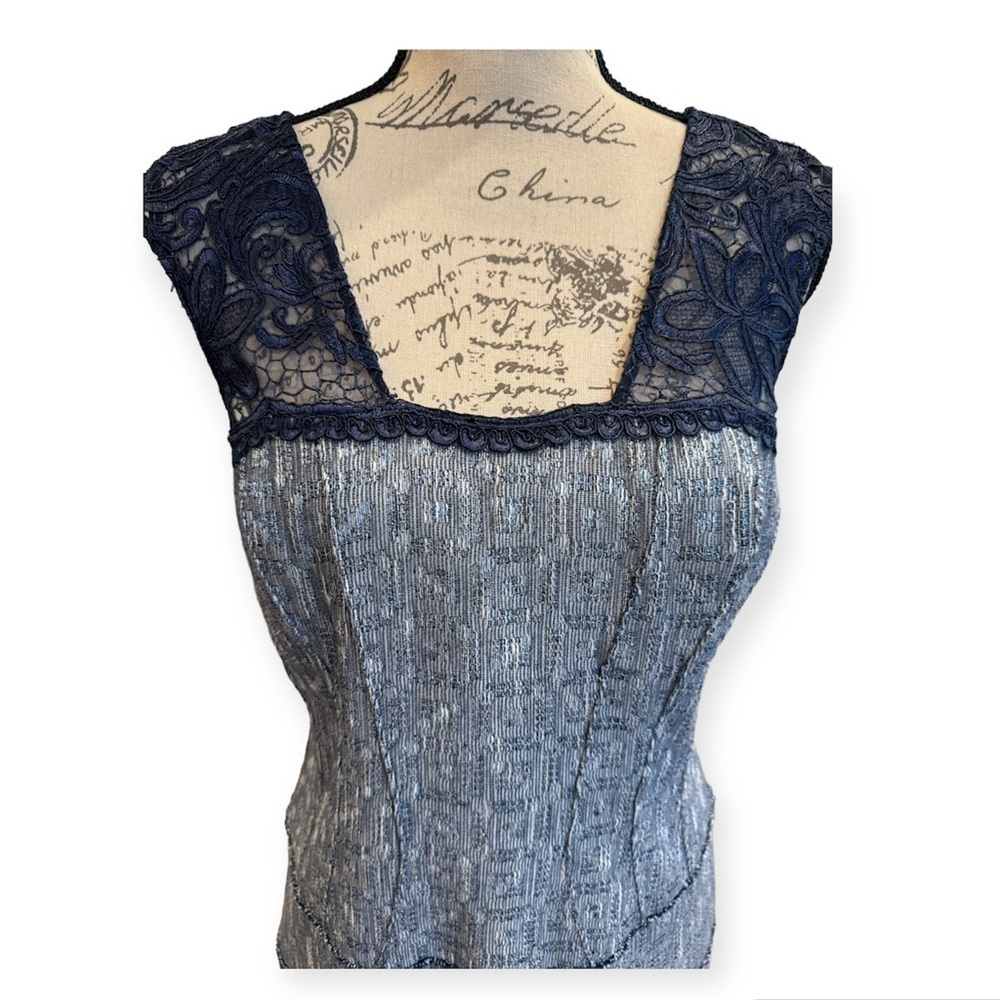 Kay Unger Sheath Dress Navy Blue Lace and Pewter Tweed Womens Size 12 - Picture 2 of 16